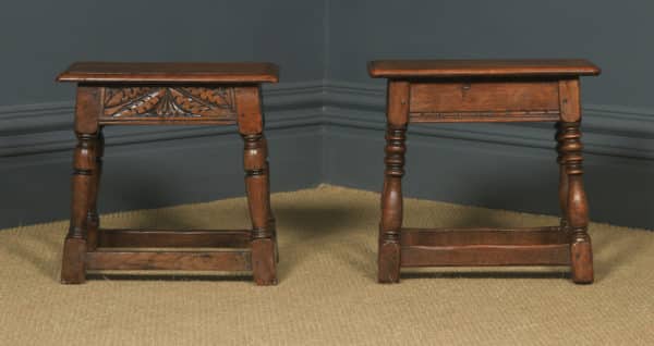 Antique English Pair of 17th Century Style Solid Oak Joint Stools / Side Tables (Circa 1920) - yolagray.com