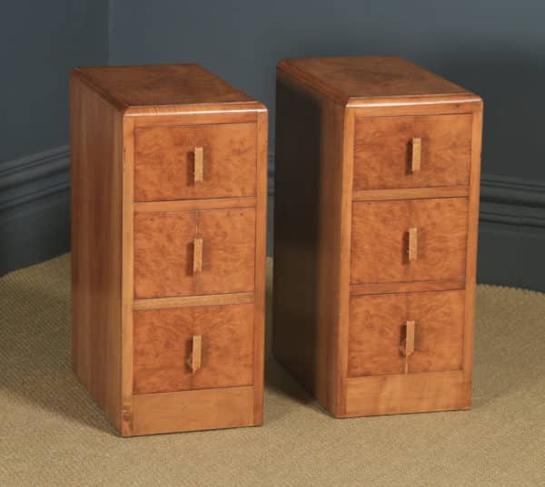 Antique English Pair of Art Deco Figured Walnut Bedside Chests / Tables/ Nightstands (Circa 1930) - yolagray.com