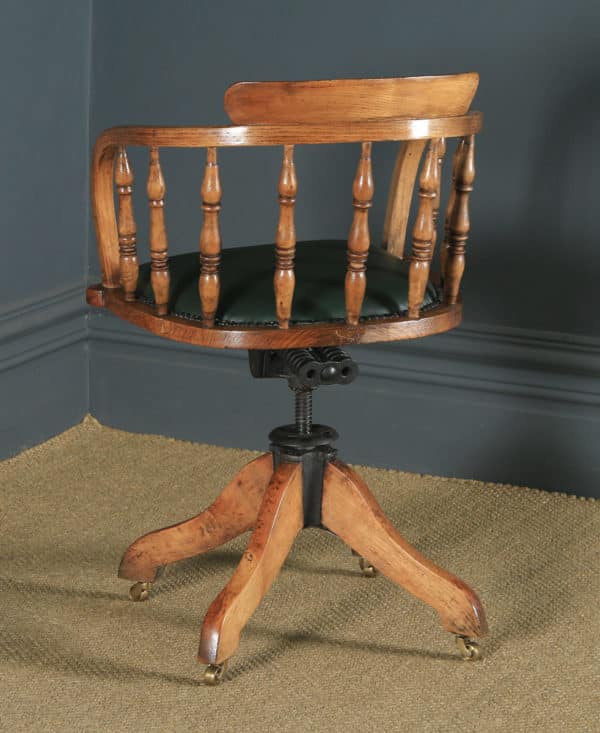 Antique English Edwardian Solid Ash Green Leather Revolving Office Desk Arm Chair (Circa 1910) - yolagray.com