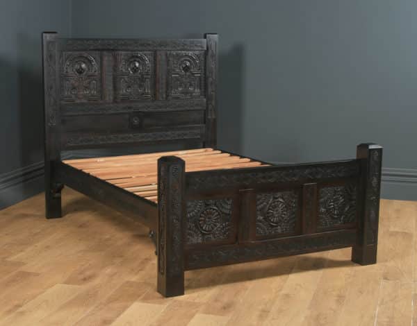 Tudor Style 4ft 6″ Wide Double Size Carved Oak Bed (Circa 1980) - yolagray.com