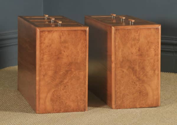 Antique English Pair of Art Deco Figured Walnut Bedside Chests / Tables/ Nightstands (Circa 1930) - yolagray.com