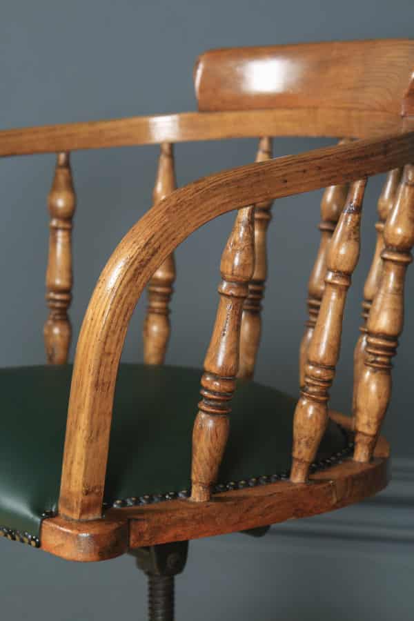 Antique English Edwardian Solid Ash Green Leather Revolving Office Desk Arm Chair (Circa 1910) - yolagray.com
