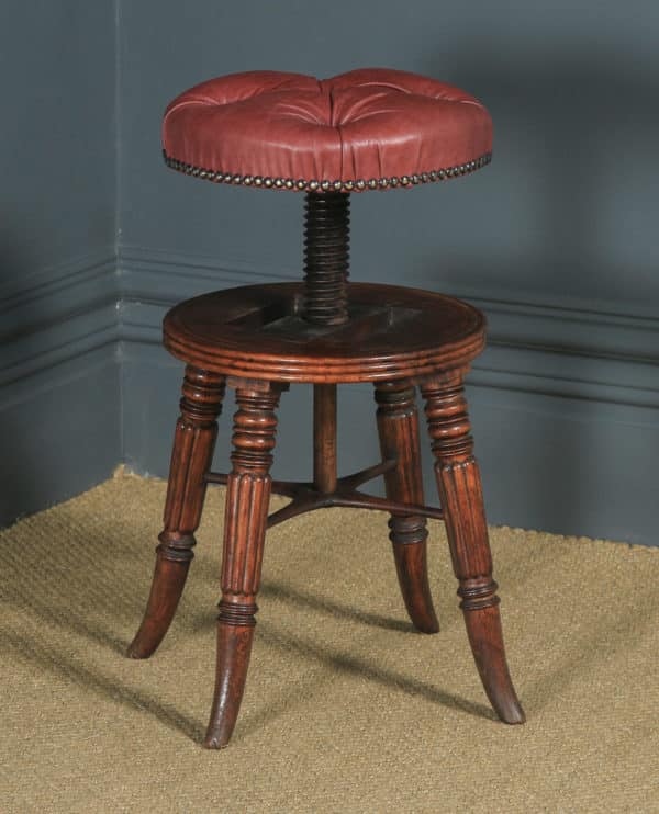 Antique English Regency Oak & Leather Revolving Adjustable Piano Music Stool (Circa 1830) - yolagray.com