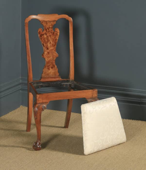 Antique English Victorian Queen Anne Style Burr Walnut Dining / Side / Office Desk Chair (Circa 1890) - yolagray.com