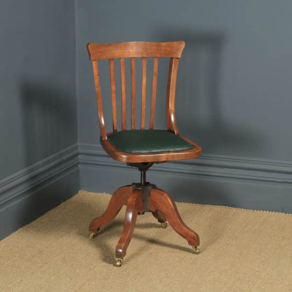 Antique English Edwardian Beech & Green Leather Revolving Office Desk Side Chair (Circa 1910) - yolagray.com