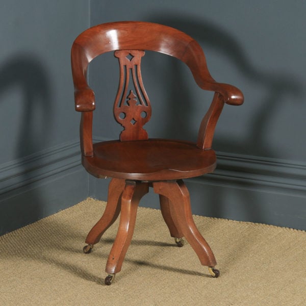 Antique English Victorian Mahogany Revolving Office Desk Arm Chair (Circa 1870) - yolagray.com