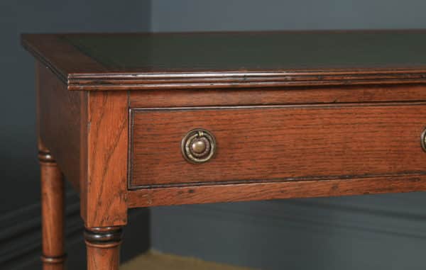 Antique English Regency Style Edwardian Oak & Green Leather Occasional Side Hall Writing Table Desk (Circa 1910) - yolagray.com