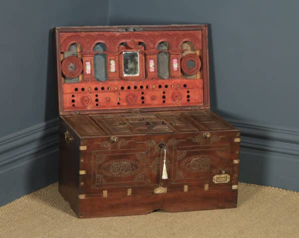Large Antique Anglo-Burmese Victorian Colonial Campaign Teak & Brass Mandalay Dowry Chest / Trunk (Circa 1880) - yolagray.com