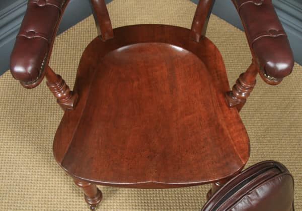 Antique English Victorian Mahogany & Brown Leather Office Desk Arm Chair (Circa 1880) - yolagray.com