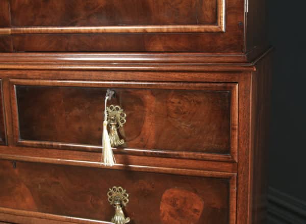 Antique English Queen Anne Style Figured Walnut Tallboy Linen Press Chest of Drawers by Waring & Gillow (Circa 1930) - yolagray.com
