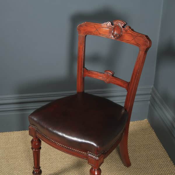 Antique English Victorian Set of Four 4 Victorian Mahogany & Burgundy Leather Shell Carved Dining Chairs (Circa 1880) - yolagray.com