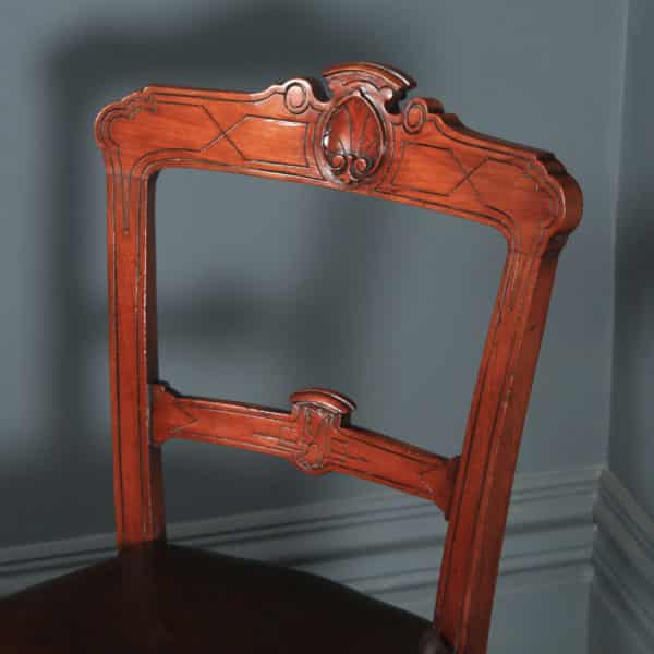 Antique English Victorian Set of Four 4 Victorian Mahogany & Burgundy Leather Shell Carved Dining Chairs (Circa 1880) - yolagray.com