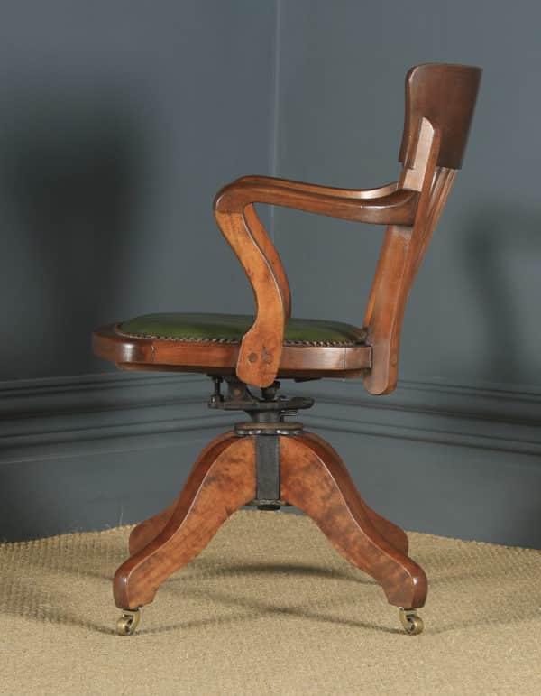 Antique English Edwardian Beech & Green Leather Revolving Office Desk Arm Chair (Circa 1910) - yolagray.com