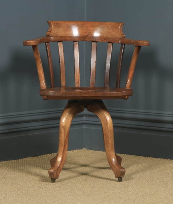 Antique English Edwardian Beech, Birch & Elm Revolving Office Desk Arm Chair (Circa 1910) - yolagray.com