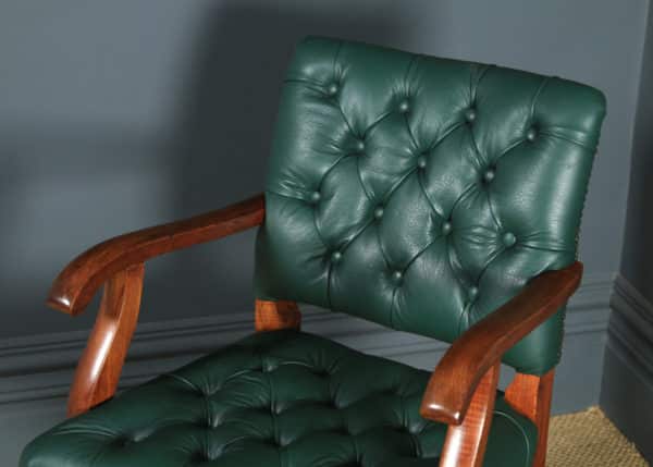 Antique English Edwardian Solid Oak & Green Leather Upholstered Revolving Office Desk Arm Chair (Circa 1910) - yolagray.com
