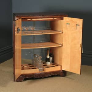 Antique English Art Deco Burr Walnut Folding Cocktail Bar Drinks Bow Front Cabinet (Circa 1930) - yolagray.com