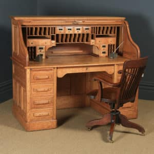 Large Antique English Edwardian 5ft Oak Roll Top Pedestal Office Writing Desk (Circa 1910) - yolagray.com