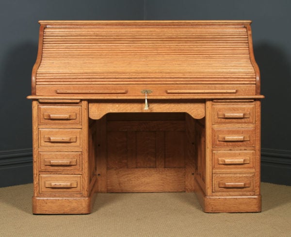 Large Antique English Edwardian 5ft Oak Roll Top Pedestal Office Writing Desk (Circa 1910) - yolagray.com