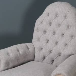 Antique English Queen Anne Style Grey Upholstered Beech Wing Arm Chair (Circa 1920) - yolagray.com
