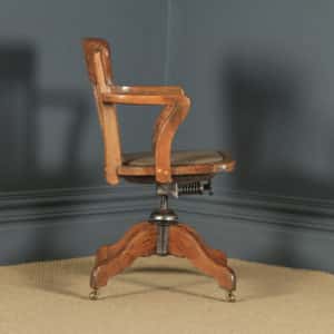 Antique English Edwardian Oak & Tan Brown Leather Revolving Office Desk Arm Chair (Circa 1910) - yolagray.com