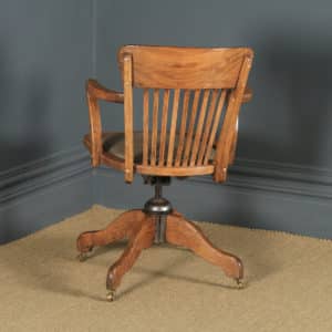 Antique English Edwardian Oak & Tan Brown Leather Revolving Office Desk Arm Chair (Circa 1910) - yolagray.com