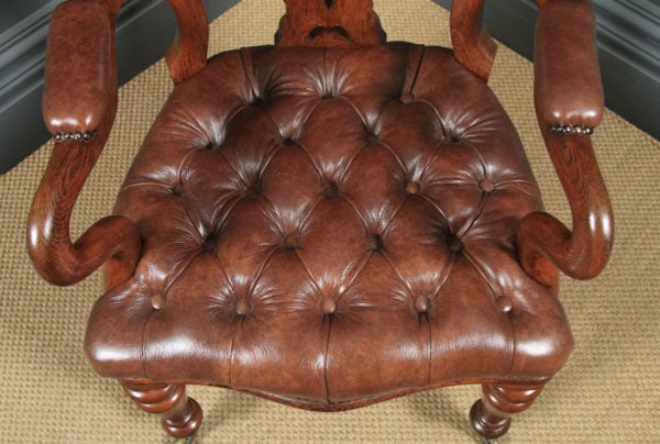 Antique English Pair of Victorian Oak & Brown Leather Office Desk Library Club Arm Chairs (Circa 1860) - yolagray.com