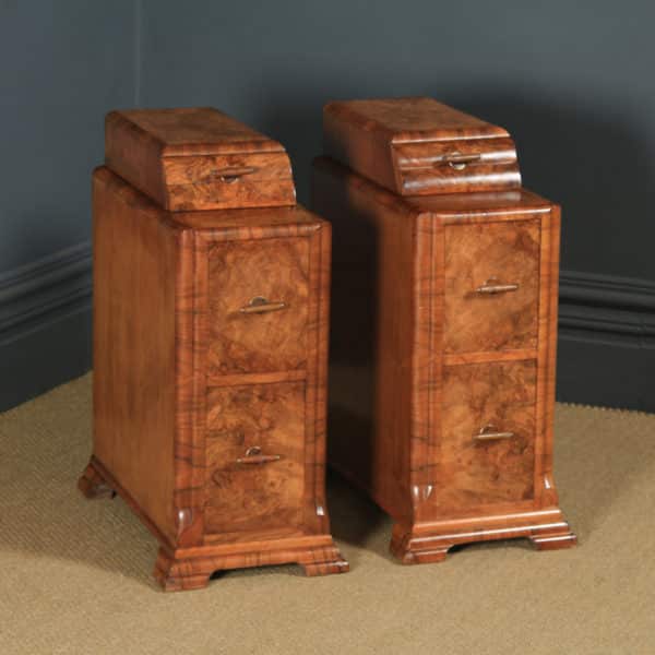 Antique English Pair of Art Deco Burr Walnut Bedside Chests Cabinets Tables Nightstands (Circa 1930) - yolagray.com