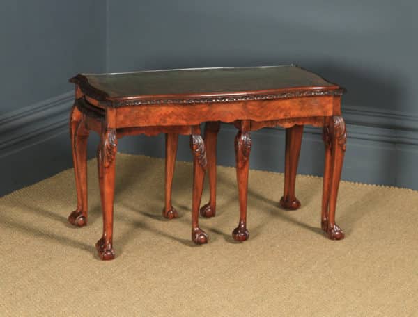 Antique English Queen Anne Style Nest of Three Carved Burr Walnut & Glass Coffee Tables (Circa 1920) - yolagray.com