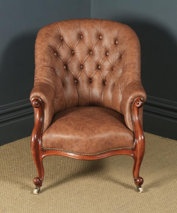 Antique English Victorian Mahogany & Brown Tan Brown Leather Deep Buttoned Reading Armchair (Circa 1850) - yolagray.com