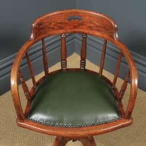 Antique English Edwardian Solid Ash & Oak Green Leather Revolving Office Desk Arm Chair (Circa 1910) - yolagray.com
