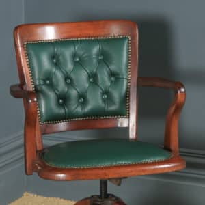 Antique English Victorian Mahogany & Oak Green Leather Revolving Office Desk Arm Chair (Circa 1890) - yolagray.com