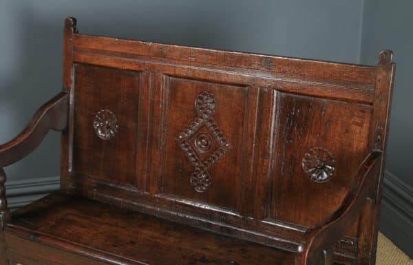 Small Antique English Georgian Carved Oak High Back Hall Bench Settle (Circa 1750) - yolagray.com