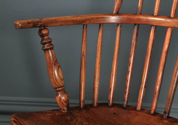 Antique English Single Victorian Ash & Elm Windsor Stick & Hoop Back Kitchen Dining Arm Chair (Circa 1840) - yolagray.com
