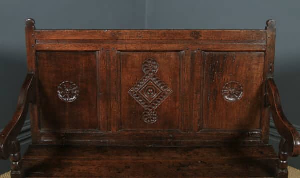 Small Antique English Georgian Carved Oak High Back Hall Bench Settle (Circa 1750) - yolagray.com