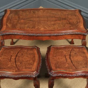 Antique English Queen Anne Style Nest of Three Carved Burr Walnut & Glass Coffee Tables (Circa 1920) - yolagray.com