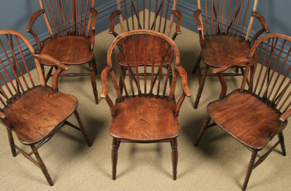Antique English Set of Six 6 Victorian Ash & Elm Windsor Stick & Hoop Back Kitchen Dining Arm Chairs (Circa 1850) - yolagray.com