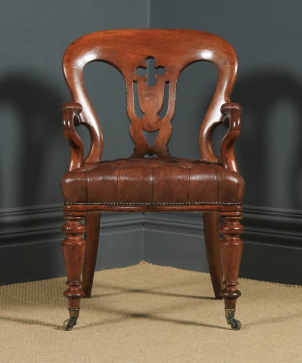 Antique English Pair of Victorian Oak & Brown Leather Office Desk Library Club Arm Chairs (Circa 1860) - yolagray.com