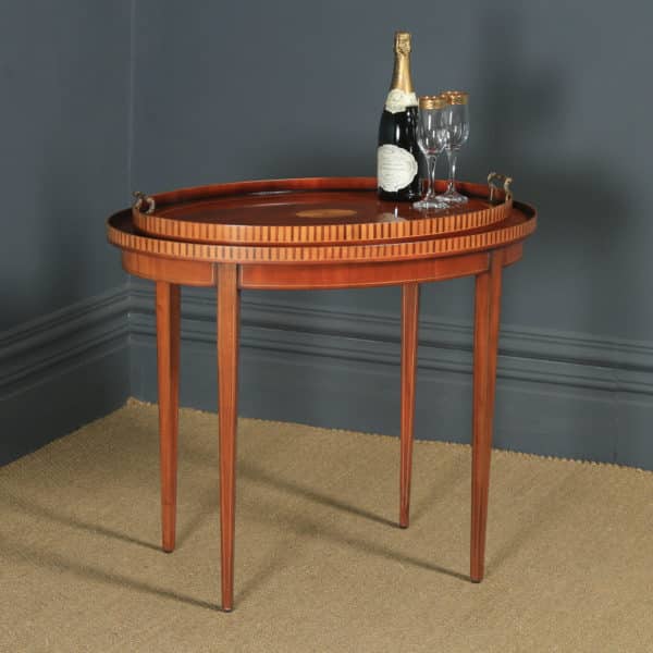Vintage English Sheraton Style Mahogany & Satinwood Oval Drinks Tray on Table (Circa 1980) - yolagray.com