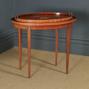 Vintage English Sheraton Style Mahogany & Satinwood Oval Drinks Tray on Table (Circa 1980) - yolagray.com