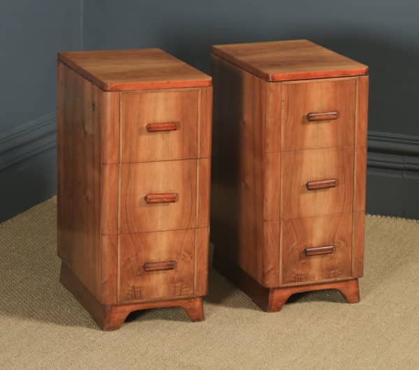Antique Pair of English Art Deco Figured Walnut Bedside Cabinet Chests Tables Nightstands (Circa 1935) - yolagray.com