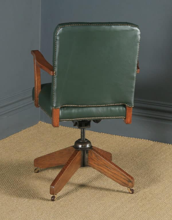 Antique English George V Solid Oak & Green Leather Upholstered Revolving Office Desk Arm Chair (Circa 1920) - yolagray.com