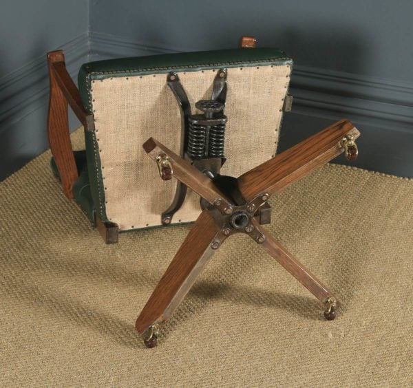Antique English George V Solid Oak & Green Leather Upholstered Revolving Office Desk Arm Chair (Circa 1920) - yolagray.com