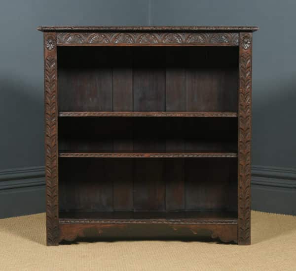 Antique English 17th Style Victorian Carved Open 3½ft Bookcase Shelf (Circa 1890) - yolagray.com