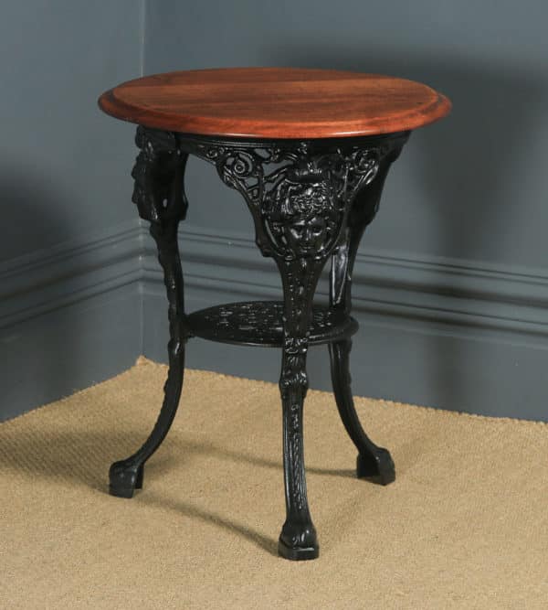 Antique English Victorian Cast Iron & Mahogany Circular Round Britannia Kitchen Garden Table (Circa 1900) - yolagray.com