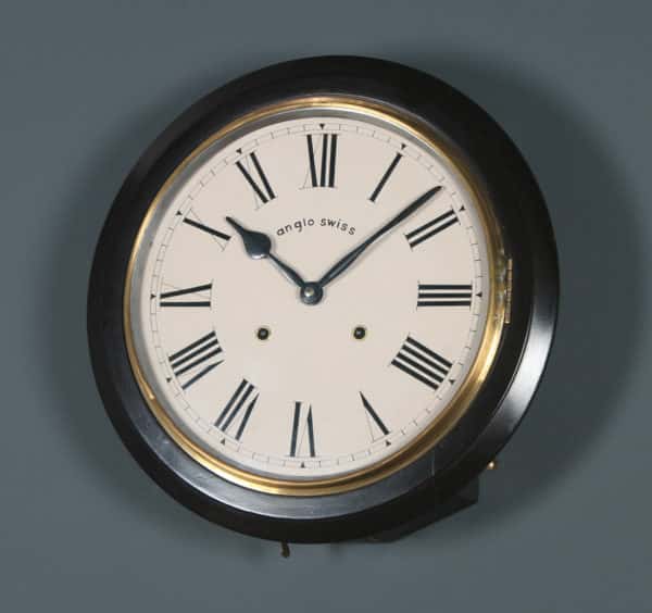 Antique 15.5" Mahogany Anglo Swiss Railway Station / School Round Dial Wall Clock (Chiming) - yolagray.com