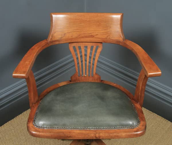 Antique English Edwardian Oak & Pale Green Leather Revolving Office Desk Arm Chair (Circa 1910) - yolagray.com