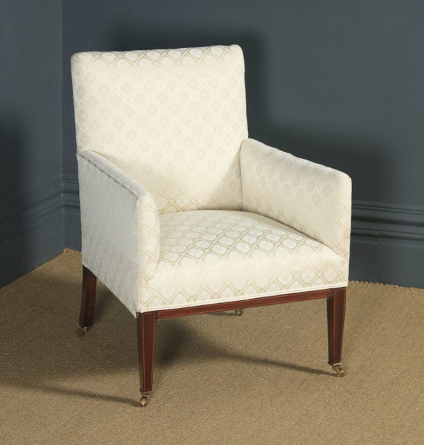 Antique English Pair of Edwardian Sheraton Style Upholstered Mahogany Inlaid Armchairs (Circa 1901) - yolagray.com