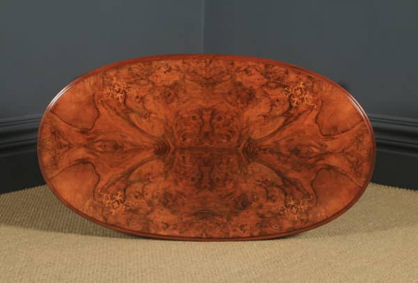 Antique English Victorian Burr Walnut Inlaid Oval Occasional Silver Side Table (Circa 1870) - www.yolagray.com