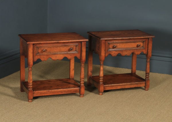 Pair of English 17th Century Style Solid Oak Bedside / Hall Side Tables by Kirkland Kitchens (Circa 1990) - yolagray.com