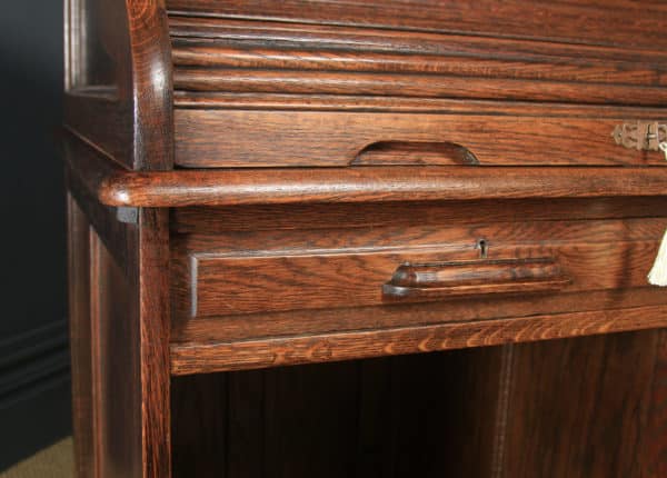 Antique English Edwardian 3ft Oak Angus Roll Top Pedestal Office Desk (Circa 1910) - yolagray.com
